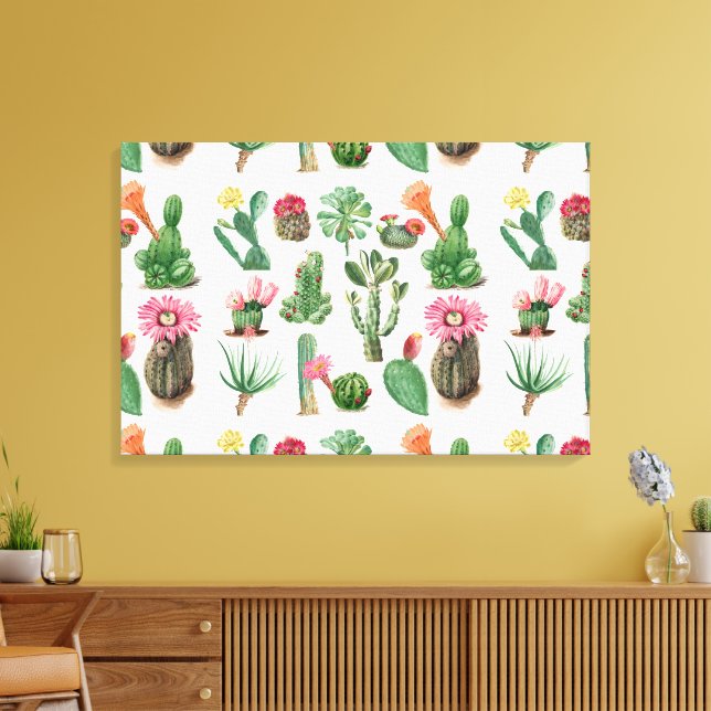 Colorful Watercolor Cactus & Succulents Flowers Canvas Print (Insitu(LivingRoom))