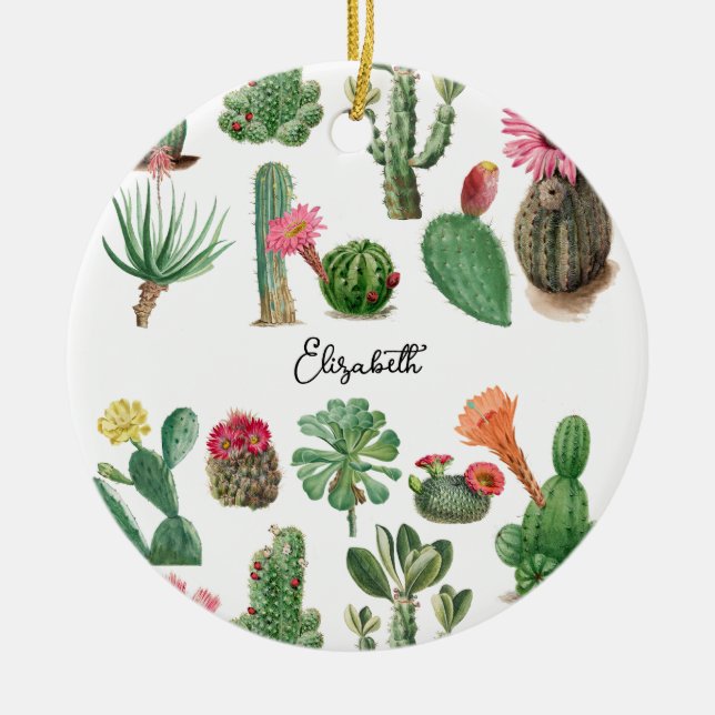Colorful Watercolor Cactus & Succulents Flowers Ceramic Ornament (Front)