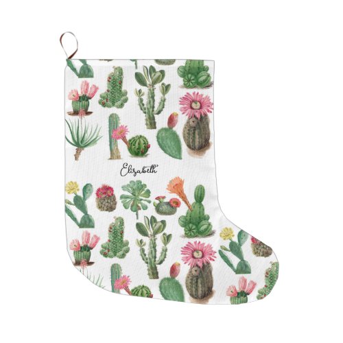 Colorful Watercolor Cactus  Succulents Flowers  Large Christmas Stocking