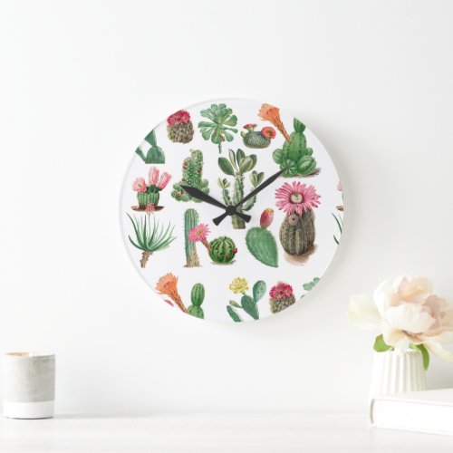 Colorful Watercolor Cactus  Succulents Flowers Large Clock