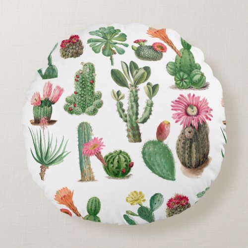 Colorful Watercolor Cactus  Succulents Flowers Round Pillow