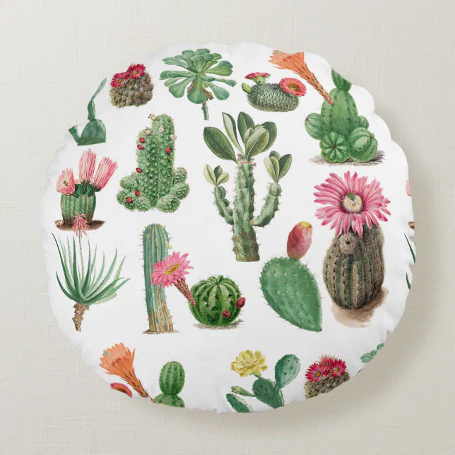 Colorful Watercolor Cactus & Succulents Flowers Round Pillow | Zazzle