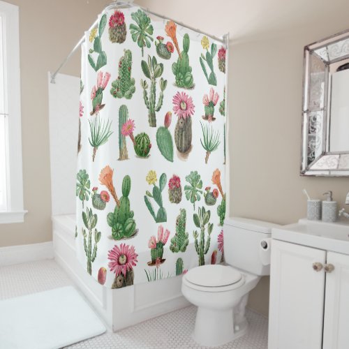 Colorful Watercolor Cactus  Succulents Flowers Shower Curtain