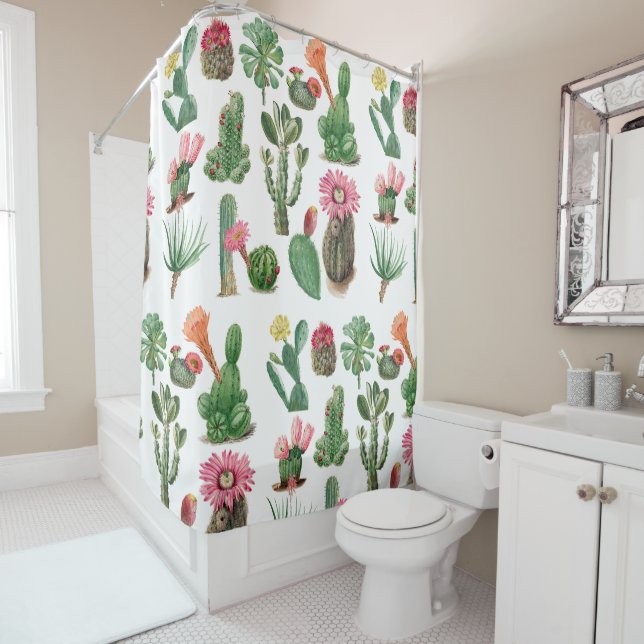 Colorful Watercolor Cactus & Succulents Flowers Shower Curtain (In Situ)