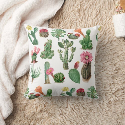 Colorful Watercolor Cactus  Succulents Flowers  Throw Pillow