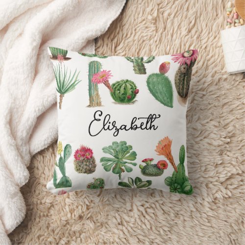 Colorful Watercolor Cactus  Succulents Flowers Throw Pillow