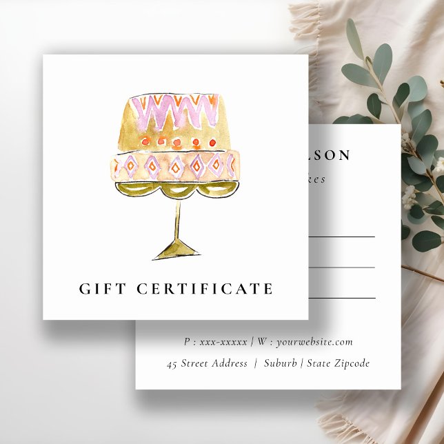 Colorful Watercolor Cake Bakery Gift Certifate  Square Business Card (Creator Uploaded)