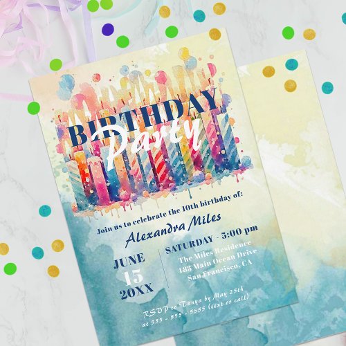 Colorful Watercolor Candles and Balloons Birthday Invitation