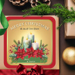 Colorful Watercolor Candles Poinsettia Christmas  Square Sticker<br><div class="desc">A festive colorful Christmas sticker featuring a watercolor set of candles with poinsettia flowers on elegant gold.</div>