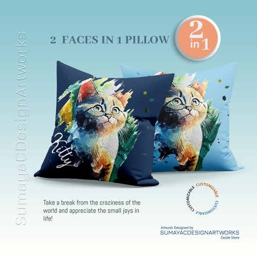 Colorful Watercolor Cat Portrait 2 in 1  Throw Pillow