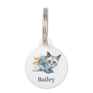 Colorful Watercolor Cat Splatter Art Pet ID Tag