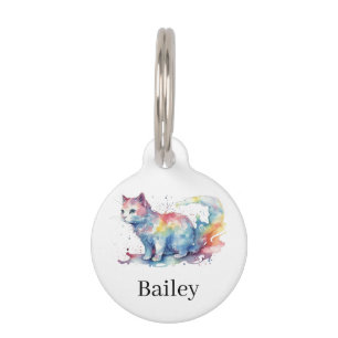 Colorful Watercolor Cat Splatter Art Pet ID Tag