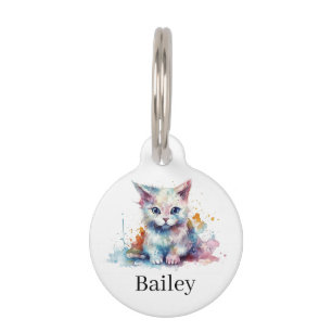 Colorful Watercolor Cat Splatter Art Pet ID Tag