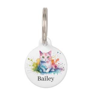 Colorful Watercolor Cat Splatter Art Pet ID Tag