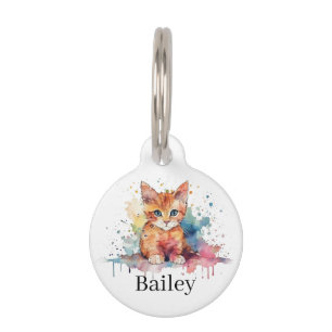 Colorful Watercolor Cat Splatter Art Pet ID Tag