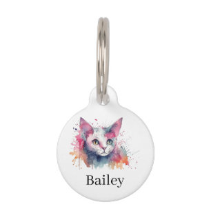 Colorful Watercolor Cat Splatter Art Pet ID Tag
