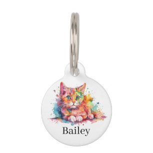 Colorful Watercolor Cat Splatter Art Pet ID Tag