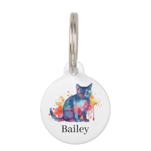 Colorful Watercolor Cat Splatter Art Pet ID Tag