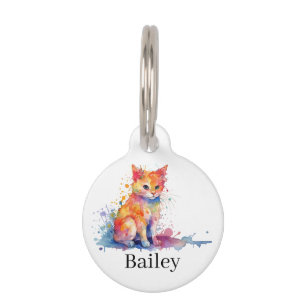 Colorful Watercolor Cat Splatter Art Pet ID Tag