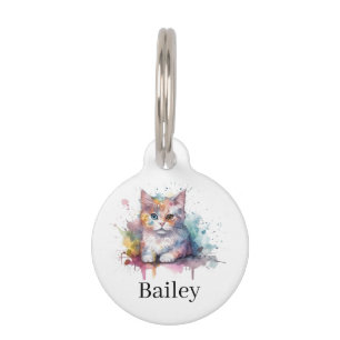 Colorful Watercolor Cat Splatter Art Pet ID Tag