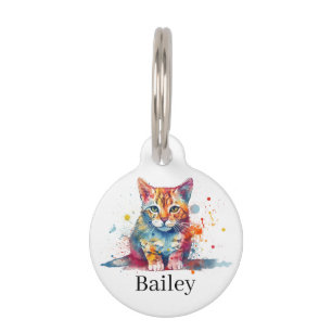 Colorful Watercolor Cat Splatter Art Pet ID Tag