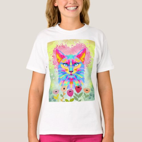 Colorful Watercolor Cat T_Shirt _ Kids