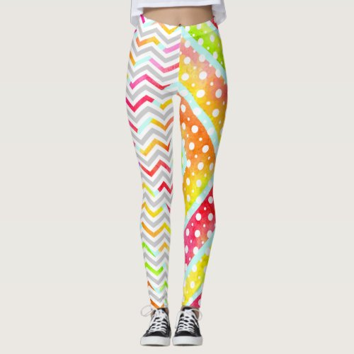 Colorful watercolor chevron polka dot leggings