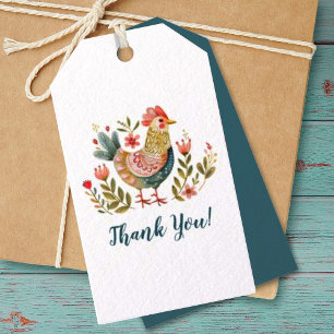 Colorful Watercolor Chicken Folk Art Thank You Gift Tags