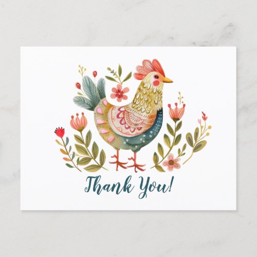 Colorful Watercolor Chicken Folk Art Thank You Postcard