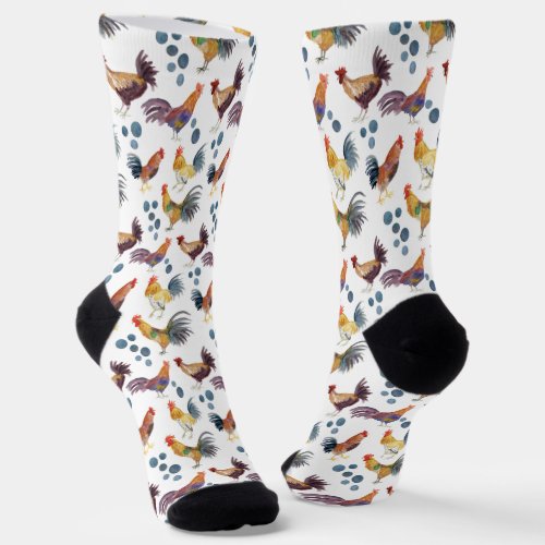 Colorful Watercolor Chickens  Eggs Barnyard Farm Socks