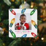 Colorful Watercolor Christmas Lights 2 Photo Ceramic Ornament<br><div class="desc">Add a touch of festive charm to your holiday decor with this square ceramic Christmas ornament, featuring a cheerful design of watercolor Christmas bulb lights in red, green, blue, and orange. The front displays your favorite photo framed by vibrant lights on a white background, along with your custom greeting and...</div>