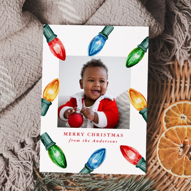 Colorful Watercolor Christmas Lights 3 Photo Holiday Card (Creator Uploaded)
