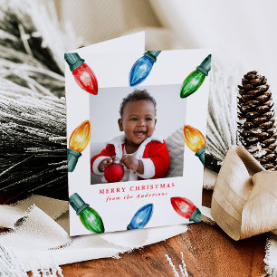 Colorful Watercolor Christmas Lights 3 Photo Holiday Card