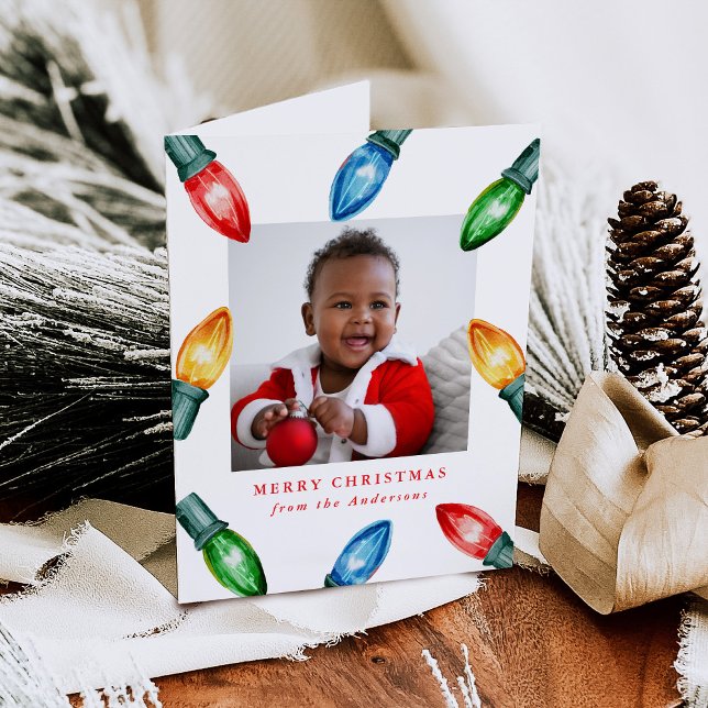 Colorful Watercolor Christmas Lights 3 Photo Holiday Card (Creator Uploaded)