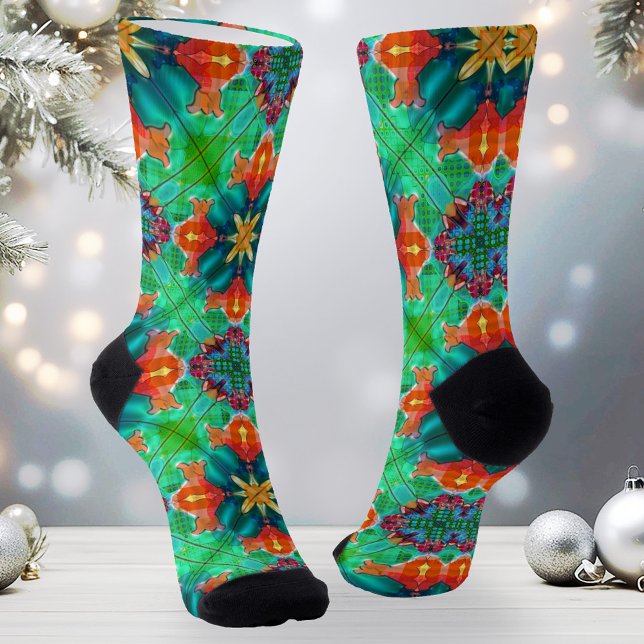 Colorful Watercolor Christmas Pattern  Socks (Christmas socks featuring an abstract geometric watercolor design in seasonal green and warm reds)