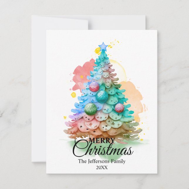 Colorful Watercolor Christmas Tree Holiday Card (Front)