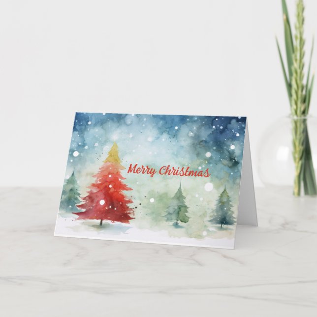 Colorful Watercolor Christmas Trees Christmas Card (Front)