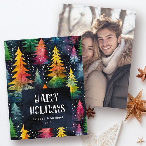 Colorful watercolor Christmas trees Happy Holidays Holiday Card