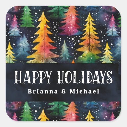 Colorful watercolor Christmas trees Happy Holidays Square Sticker