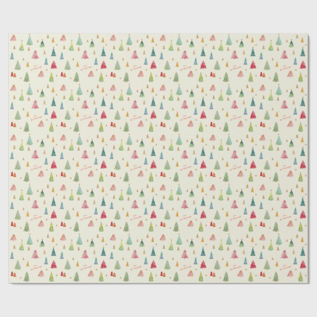 Colorful Watercolor Christmas Trees Holiday Wrappi Wrapping Paper (Flat)