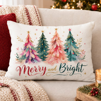 Colorful Watercolor Christmas Trees Merry & Bright Accent Pillow