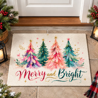 Colorful Watercolor Christmas Trees Merry & Bright Doormat