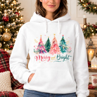 Colorful Watercolor Christmas Trees Merry & Bright Hoodie