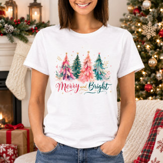 Colorful Watercolor Christmas Trees Merry & Bright T-Shirt