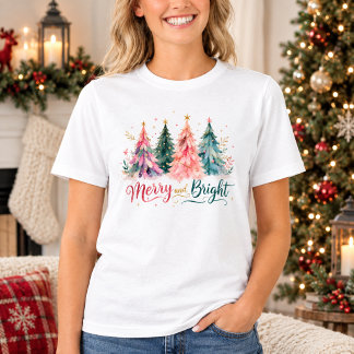 Colorful Watercolor Christmas Trees Merry & Bright T-Shirt