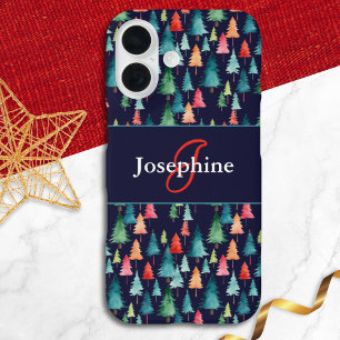 Colorful Watercolor Christmas Trees Monogrammed iPhone 16 Case