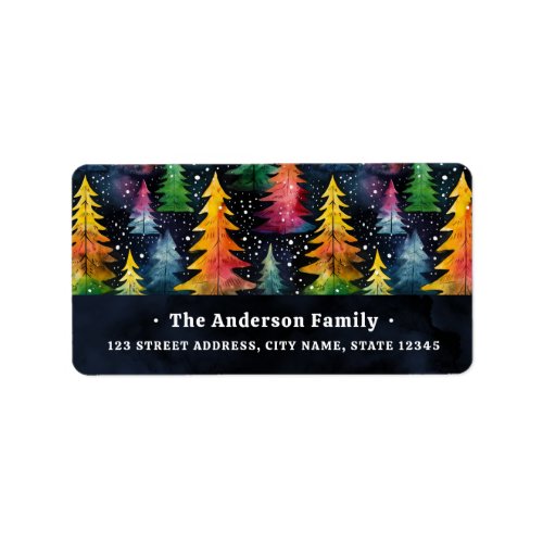 Colorful watercolor Christmas trees return address Label