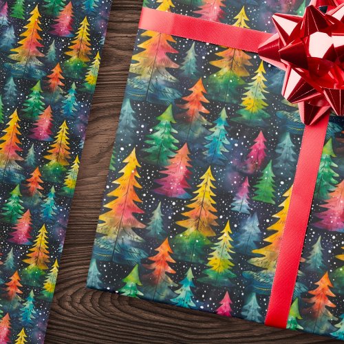Colorful watercolor Christmas trees Wrapping Paper