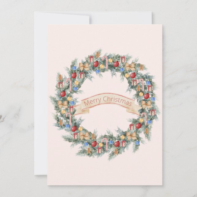 Colorful Watercolor Christmas Wreath Holiday Card (Front)
