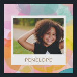 Colorful Watercolor Circles and Dots Name Photo Faux Canvas Print<br><div class="desc">A sweet,  playful pattern of painted watercolor circles and dots in a rainbow of cute colors,  personalized with your name and photo. Contact me with any questions or requests.</div>